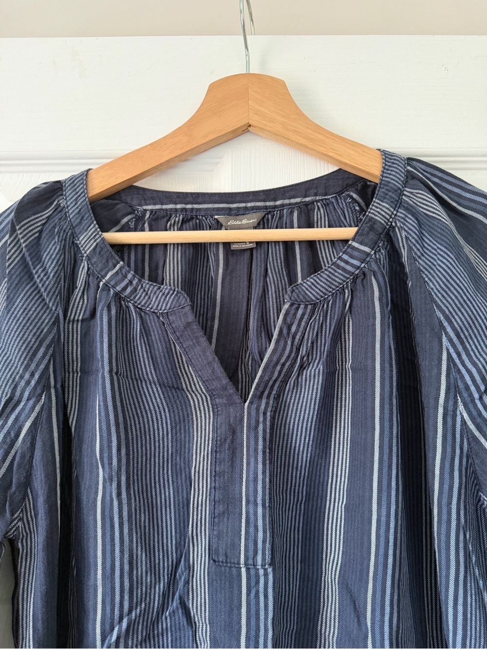 Eddie Bauer Women's Navy Striped Peasant Blouse